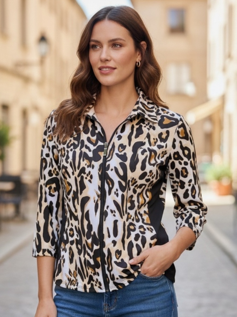 NWT, Essentials • Animal Print • Zip Front • 3/4 Sleeve • Blouse/Jacket • L